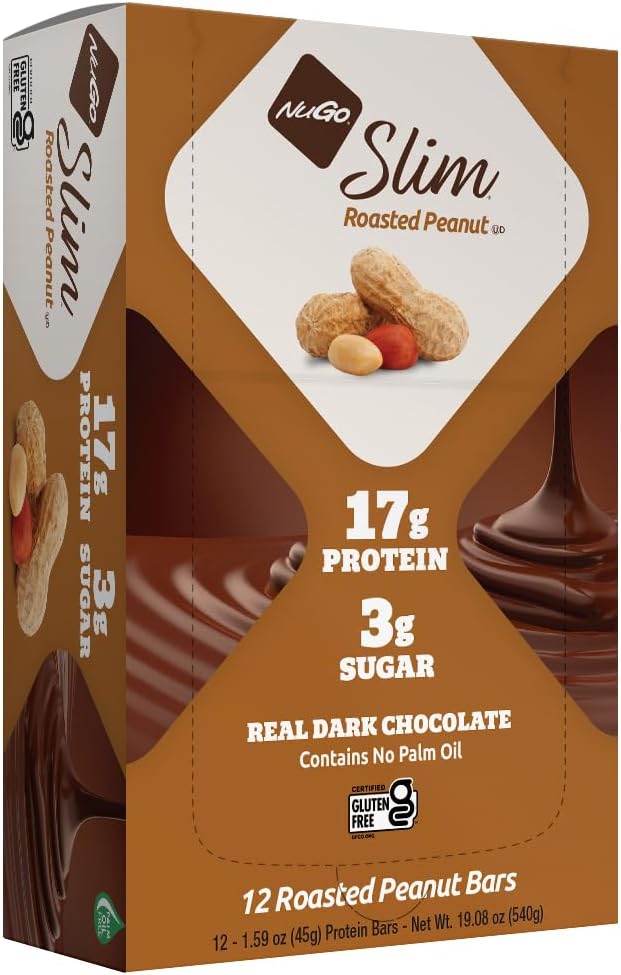 NuGo Slim temna čokolada praženi arašidi, 16g beljakovine, 2g sladkor, 7g vlaknine, nizko neto Carb, Keto prijazno, Gluten brezplačno, 12 grof