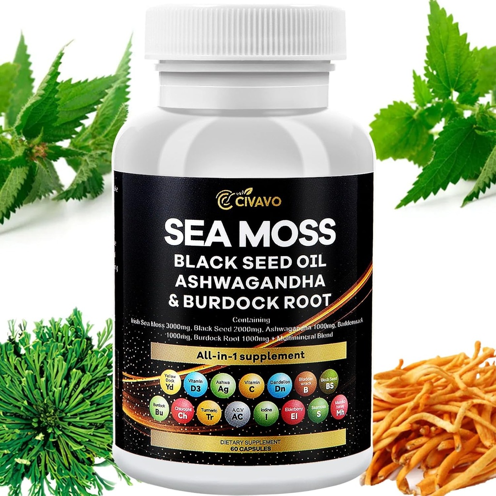 Sea Moss 3000mg olje črnega semena 2000mg Ashwagandha 1000mg Bladderwrack 1000mg Kurkuma 1000mg Burdock 1000mg Vitamin C & D3 Starejša manuka Dandelion Rumena dok klorofil ACV