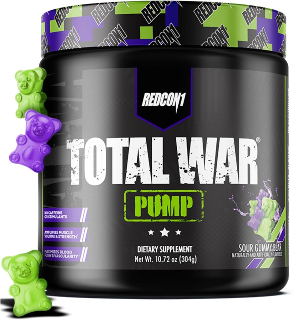 REDCON1 Brez stima in kofeina Pred treningom Powder za ženske in moške - Total War Pump - z L-citrulin, Beta Alanine & More - Vadba ob vsakem času dneva - Sour Gummy Bear (10.72 oz)