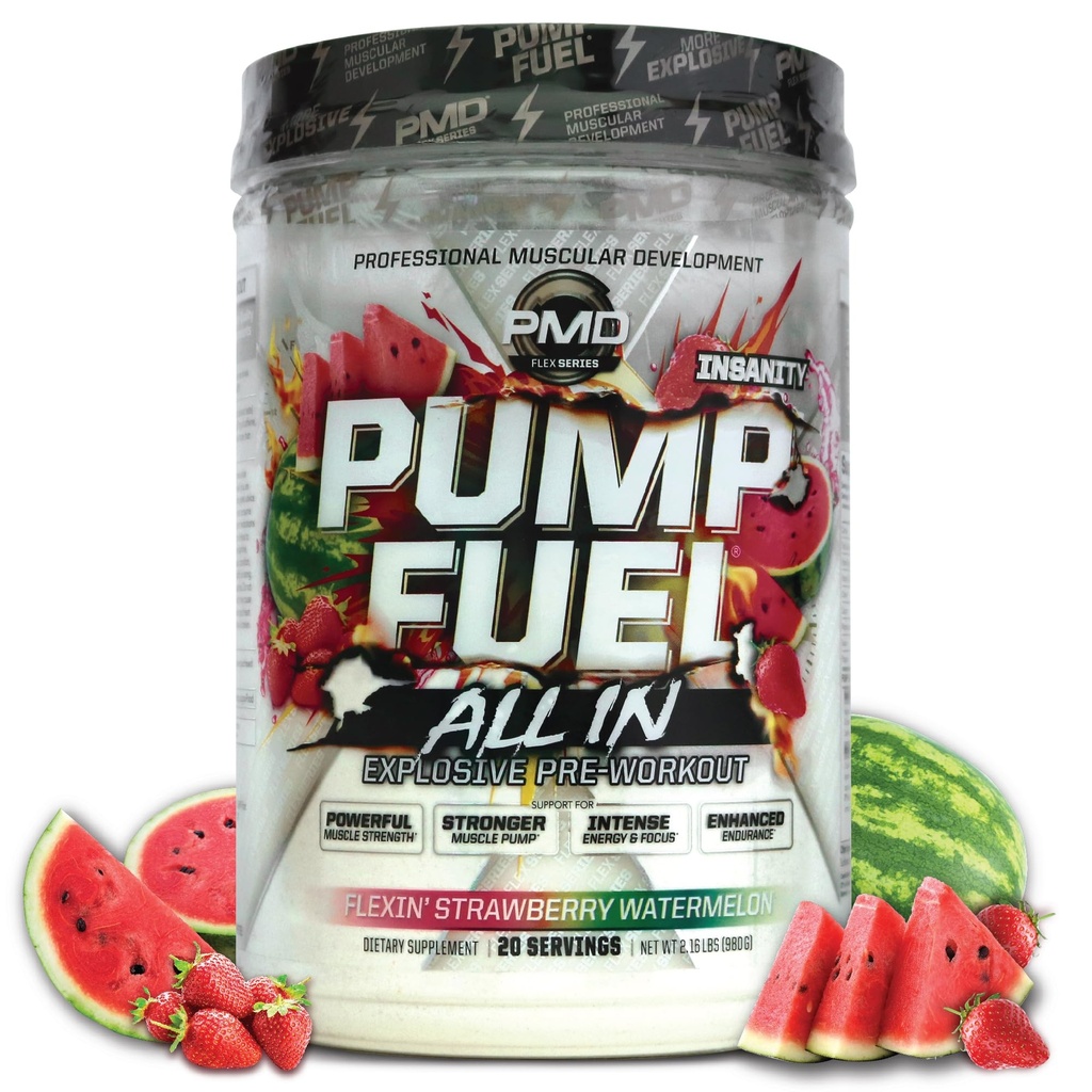 PMD Sports Pump gorivo Vse v Insanity, Ultimate Pre Workout & Muscle Pump, Največja moč energije, Fokus, vzdržljivost in okrevanje, Kreatin & Beta Alanine, Flexin’ Jagodna lubenica (20 Serving)