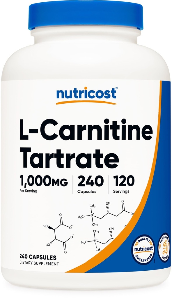 Nutricost L-karnitin Tartrat 1.000 mg, 240 kapsul - 500 mg na kapsulo, 120 servijev
