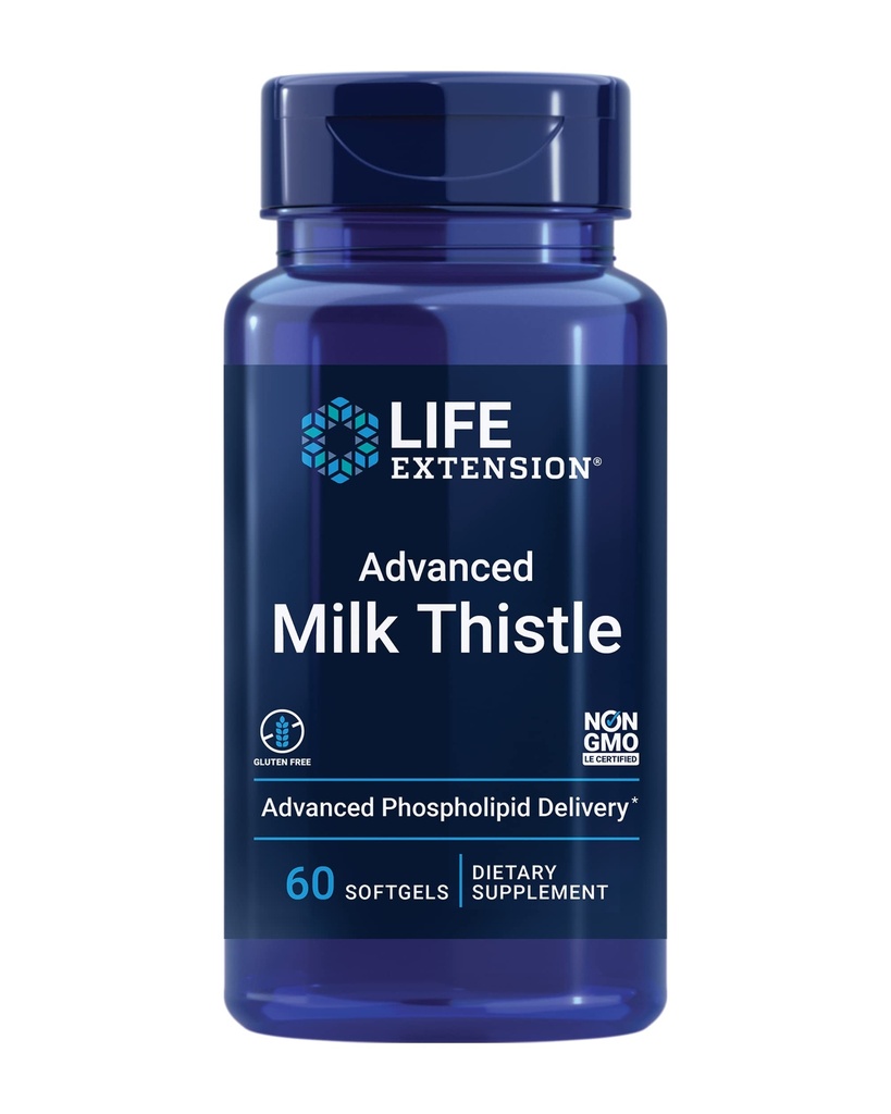 Life Extension Advanced Milk Thistle, silimarin, silibin, fosfolipidi, spodbuja zdravo funkcijo jeter, Gluten-free, Non-GMO, 60 kapsul
