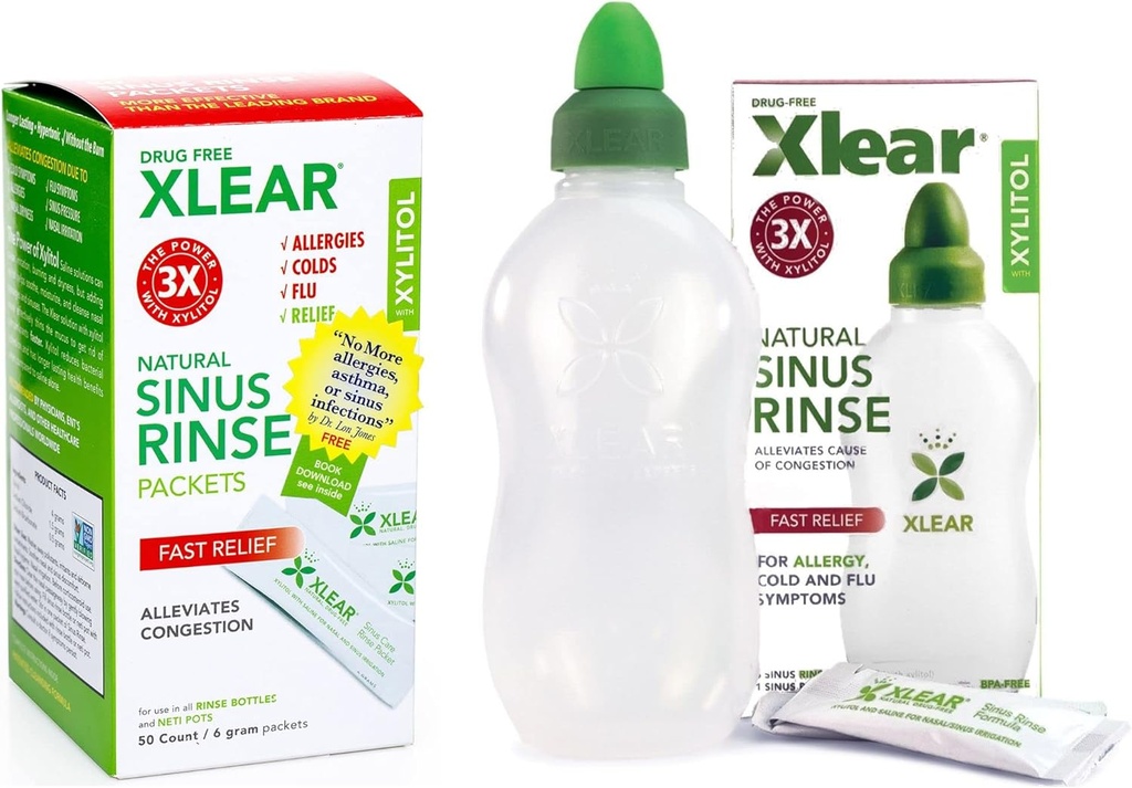 Xlear Natural Xilitol Sinus Rinse Refill, Neti Pot Saline Packets - Čiščenje nosu za hitro tlak in prezasedenost, deluje z večino nosnih namakalnih sistemov, 50 Število in 1 steklenica izpiranje