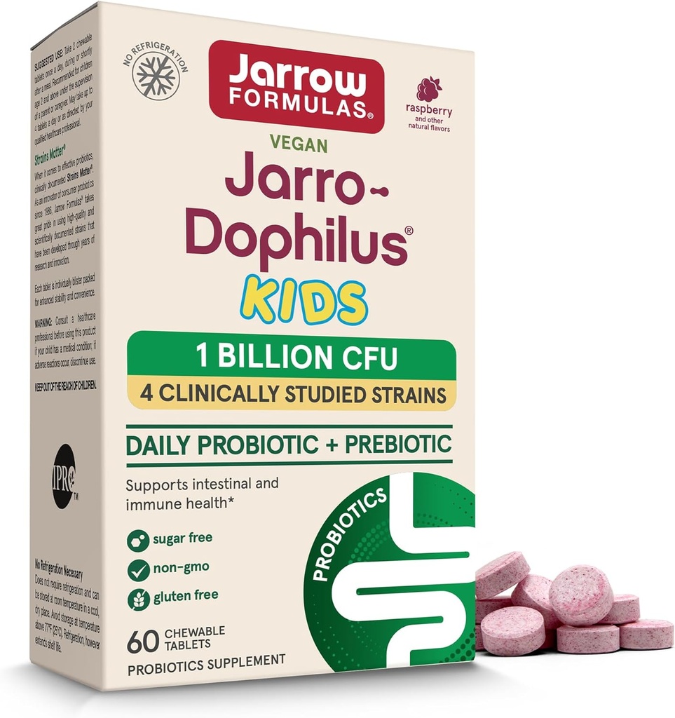 Jarrow Formulas® Jarro-Dophilus® Otroci probiotiki in prebiotiki, 1 milijarda CFU, Dopolnilo za črevesno in imunozdravje, 60 Sladkor-free Raspberry-Flavore žvečljive tablete, 30 dnevna dobava