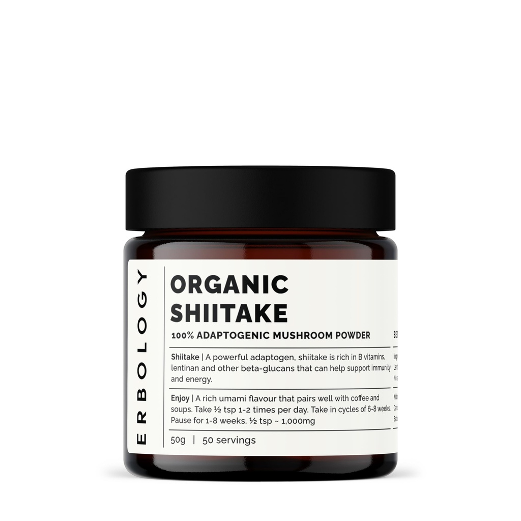 Erbologija Organska šitake goba v prahu 50 Servisi - 11% beta-glukani - Imuniteta in energija - Lentinula edodes - Mala serija - Trajno rastejo v Evropi - Vegan - Non-GMO - Brez dodanih polnil