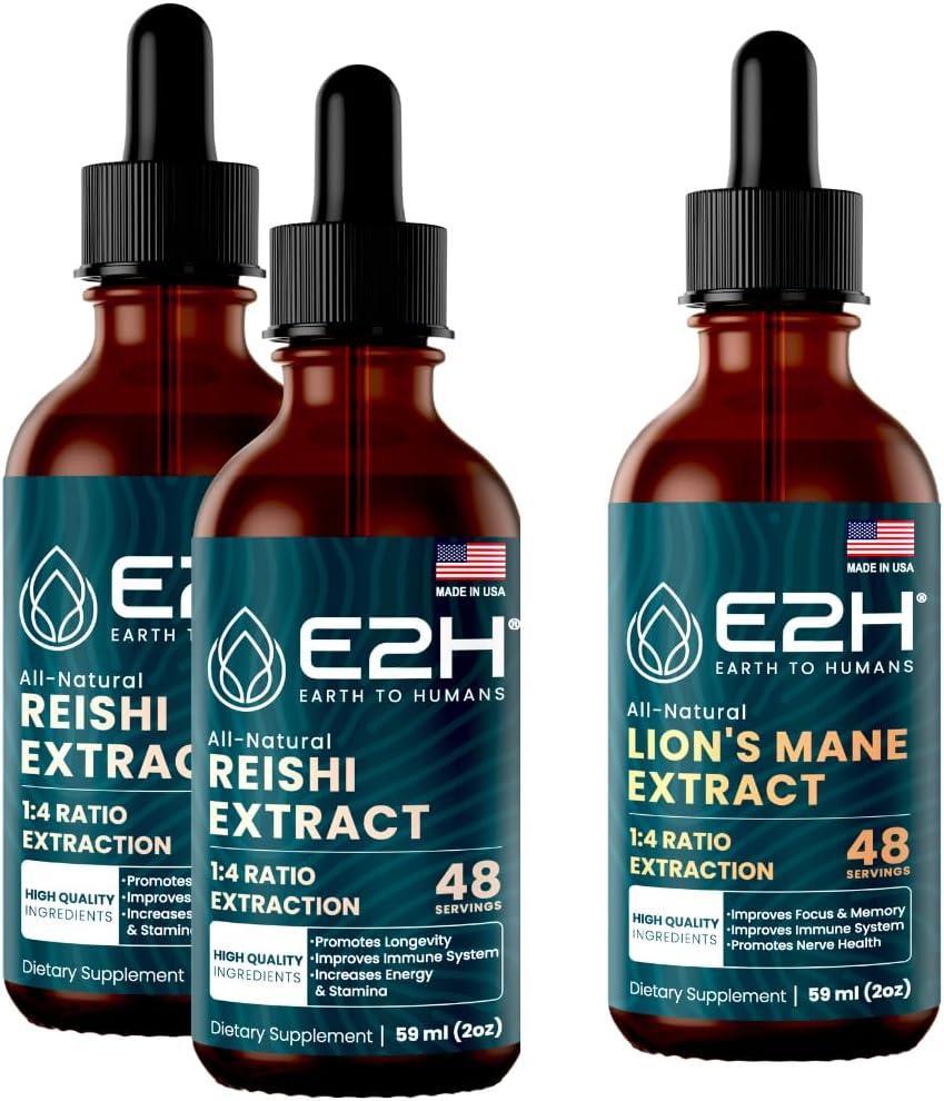 E2H: Reishi (2 paket) & Levji izvlečki grive - energija, dolgoživost, kognitivna ostrina, imuniteta - Non-GMO, Vegan - 2 Fl Oz Vsak (6 Fl Oz skupaj) -