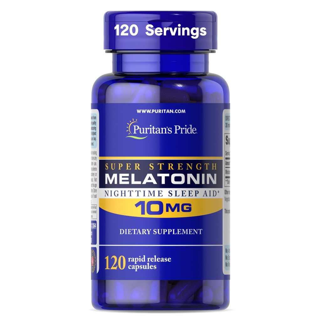 Puritan's Pride Premium Super Strength Melatonin 10mg Pomoč za spanje, Prehranska dopolnila za zvok, Pomirjujoče, in Daljše spanje podpora, 4 Mesec oskrbe, 120 kapsul za hitro sproščanje (Packaging maj Vary)