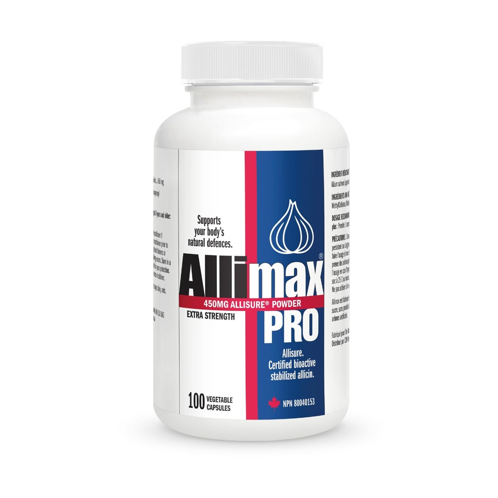 Allimax Pro 450mg 100 Vegicaps. Alicin Česen Dopolnilo za podporo imunske funkcije vašega telesa. S stabiliziranim alicinom, izvlečenim iz čistega in trajnostnega španskega rastnega česna. Poklicna moč