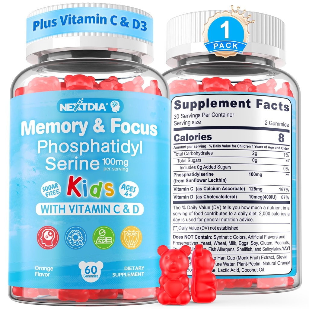 Fosfatidilserin dodatek 100mg, Fokus Gummies za otroke najstniki + vitamin C & D3 400IU, Sladkor brez otrok možgani Gumies povečati pozornost in koncentracijo, žvečljivi, Vegan, Gluten brez, Non-GMO 60Cts