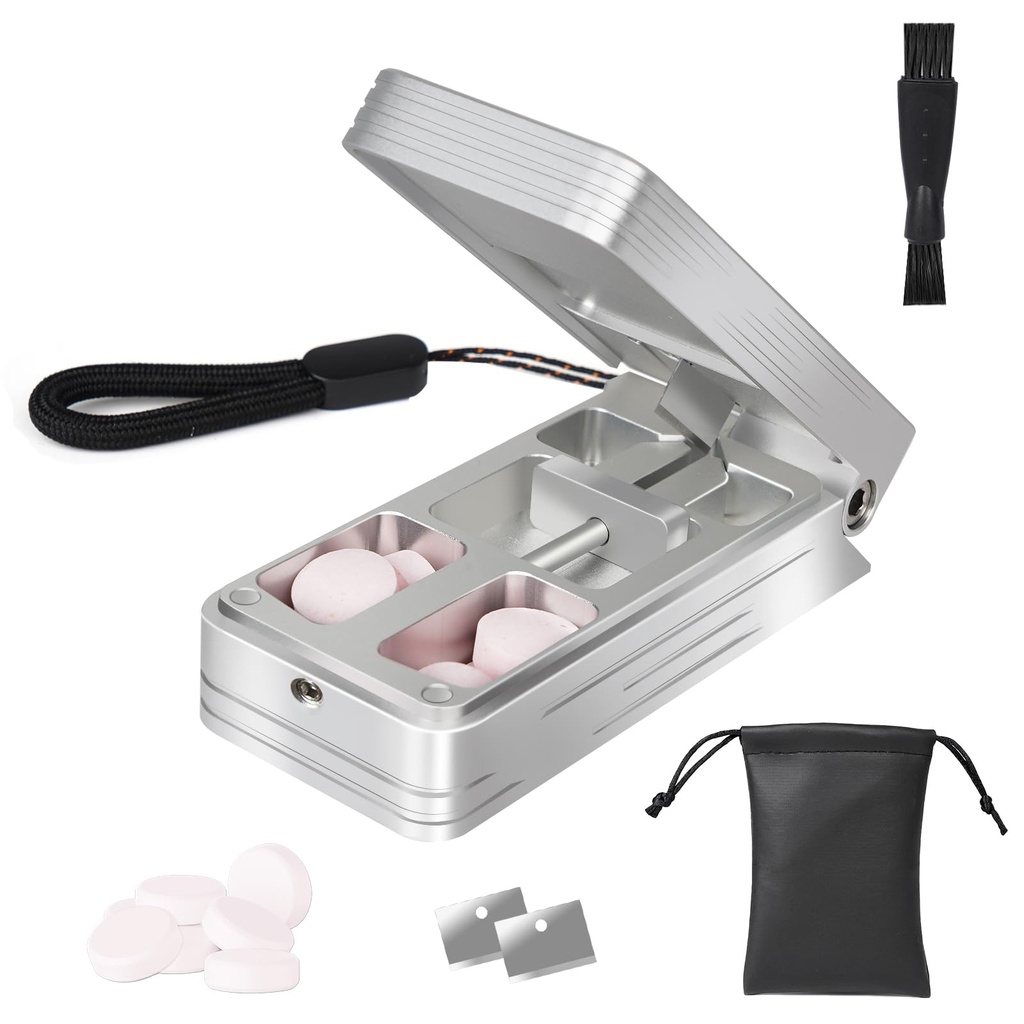 Tablete Cutter za majhne in majhne tablete, Professional Aluminum tablete Splitter z Auto Centering naprave in 2 zamenljivih nerjavečega jekla rezila, Prenosne tablete razdelilnik s PU primeru (Silver)