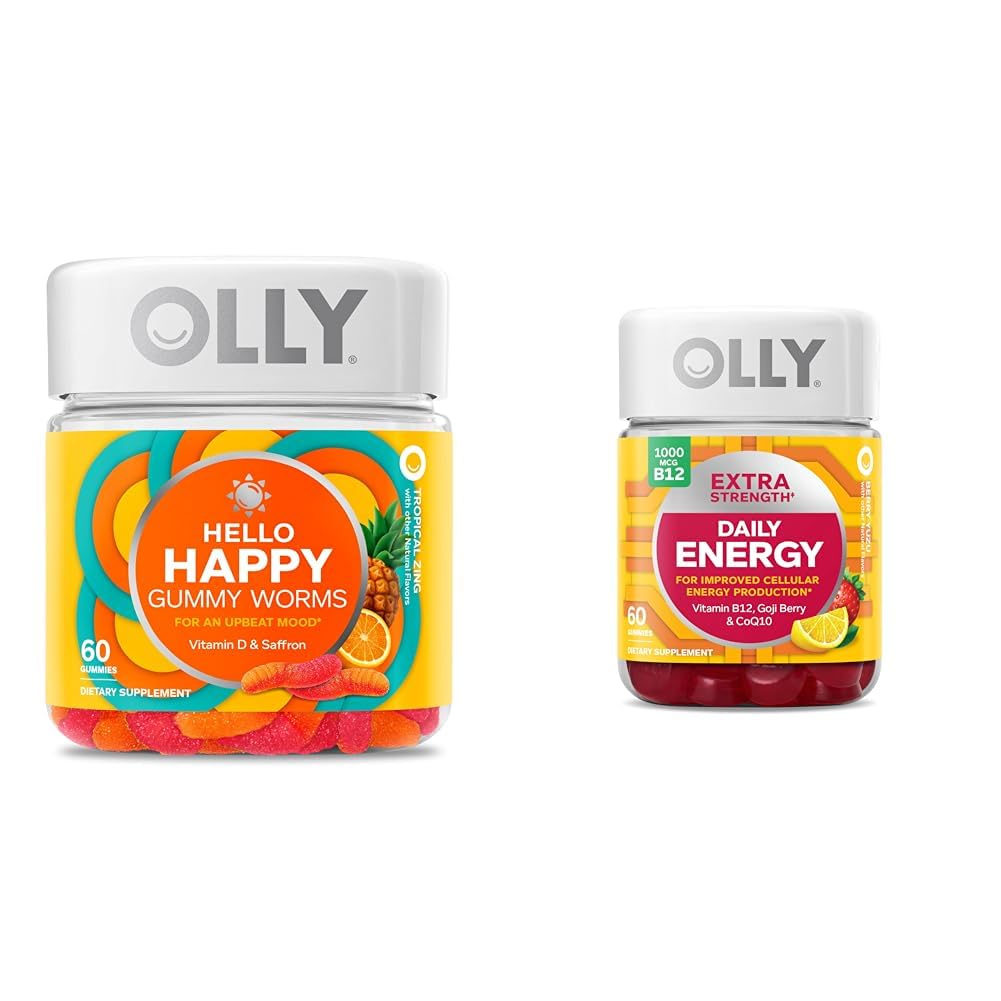 OLY halo Happy Gummy Worms, Mood Balance Podpora, Vitamin D, Saffron, odrasli Žvečljivi dodatek & Dodatna moč dnevno energijo Gummy, kofein brezplačno, 1000mcg vitamin B12, CoQ10, Goji Berry