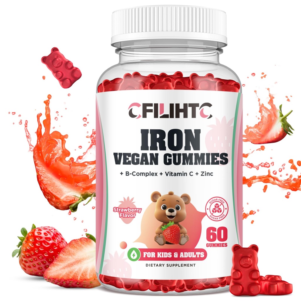 Iron Gummies for Kids, Women & Men, Iron dodatek z multivitaminom - Vitamin B kompleks, C, B6, B12, Folat, cink za anemijo, pomanjkanje železa, Blood Builder, Energy - Jagodna aroma, Vegan 60ct