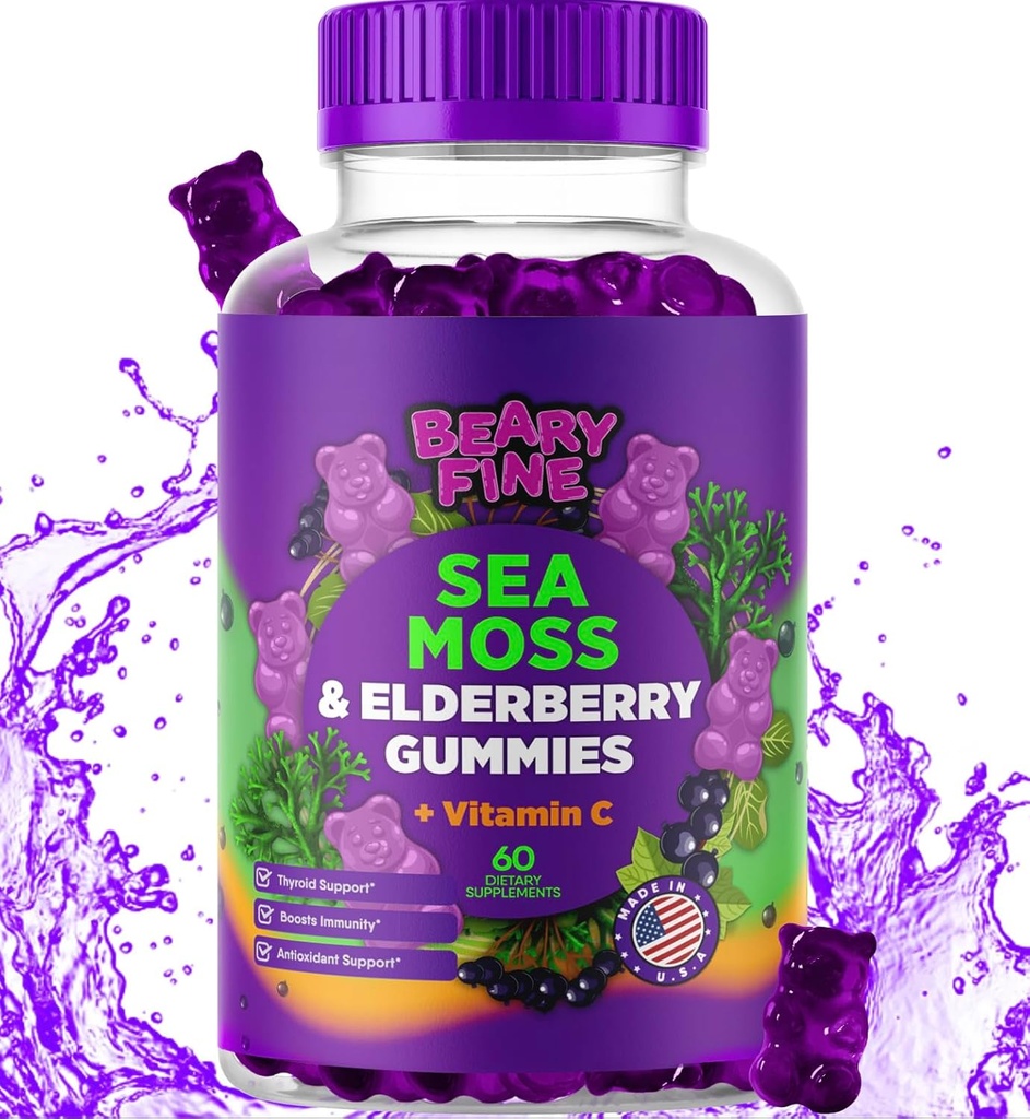 Sea Moss Gummies & Elderberry - Vitamin C + cink – Dodatna moč Imunska in ščitnična podpora Gummy Bears za otroke in odrasle - 60 Seamoss Gummies - Made in the USA