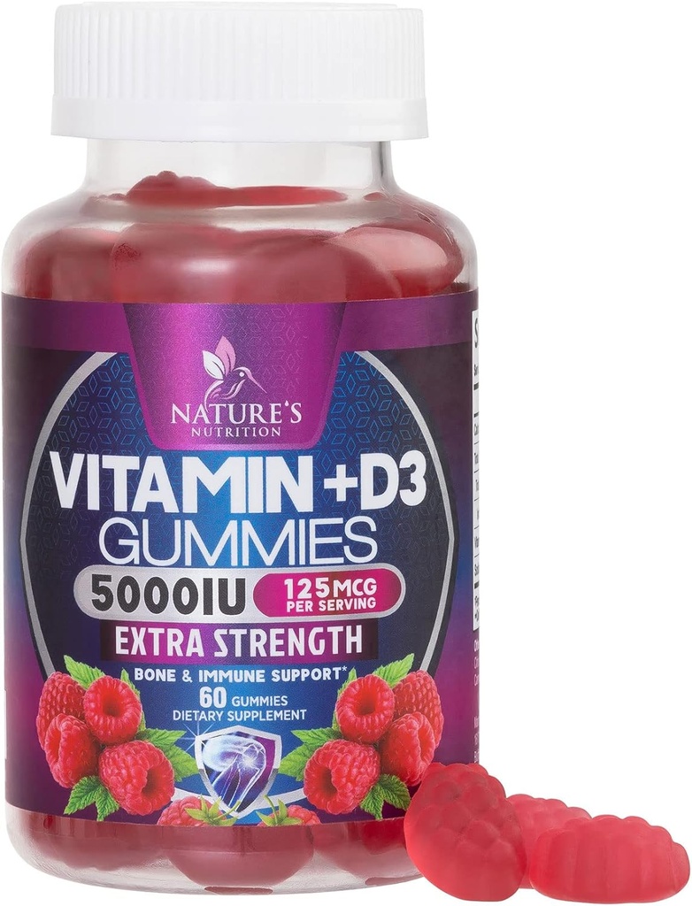 Vitamin D3 dopolnilo Gummy 5000 i.e. (125 μg) Prehranski vitamini D za moške in ženske - podpora za zdravje kosti, zob, mišic in imunskega sistema, visoka jakost VIT D3 Brez GMO in glutena - 60 Gumijev