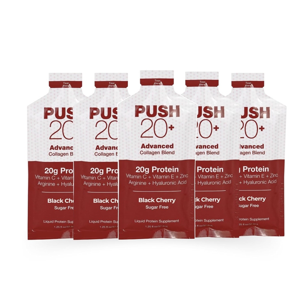 PUSH20+ Napredna mešanica kolagenov - tekoči proteini 20g na 1,25 fl. oz - črni češnjev okus - vitamin C, kolagen peptidi, hialuronska kislina, vitamin E & najboljši tekoči kolagen z dobro esencialno