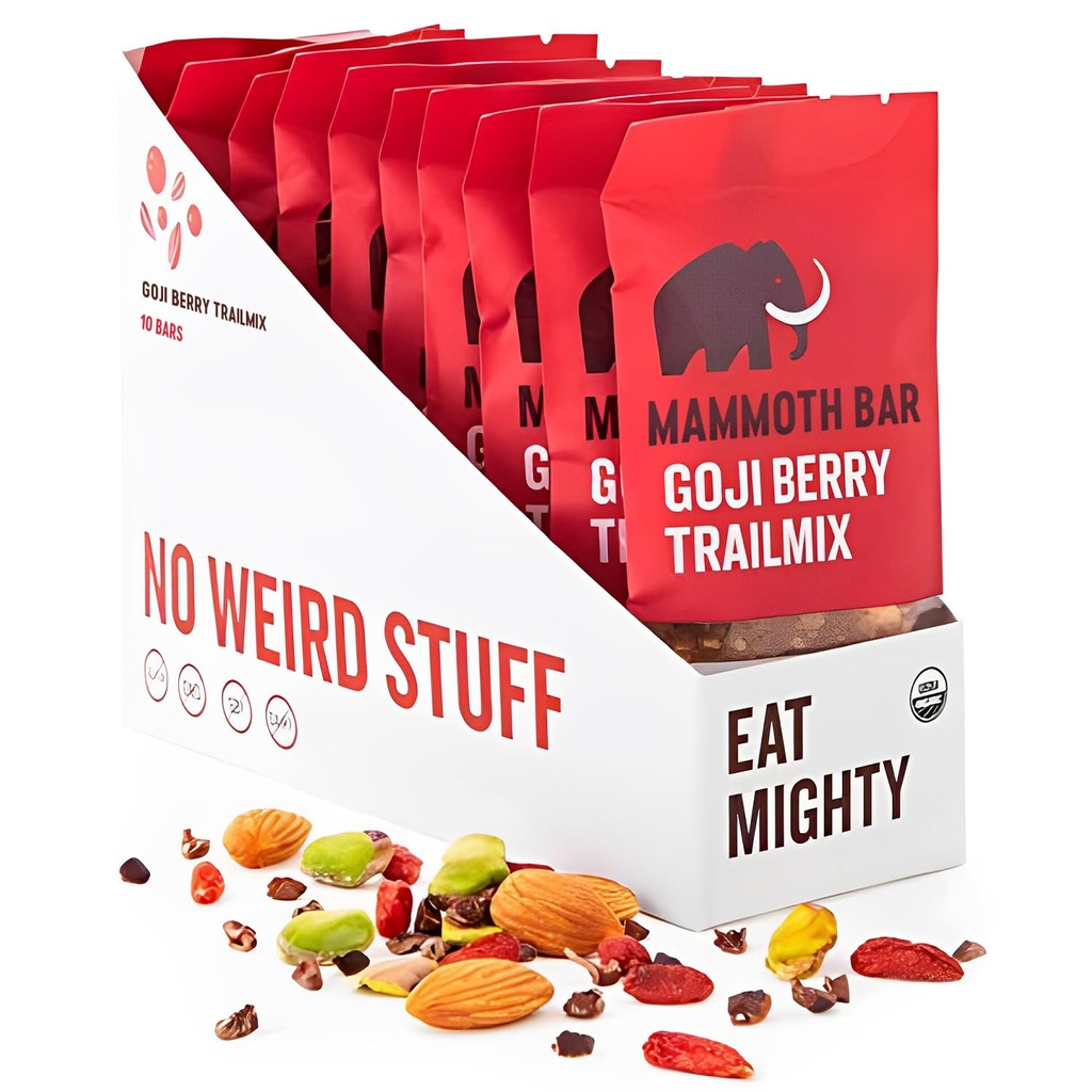 Mammoth Bar Goji Berry Trail Mix - 10 Organic Protein Bars – Prebiotic • Paleo • Gluten brez • Jajčni proteini • brez GSO • Surovi • Premium Nuts