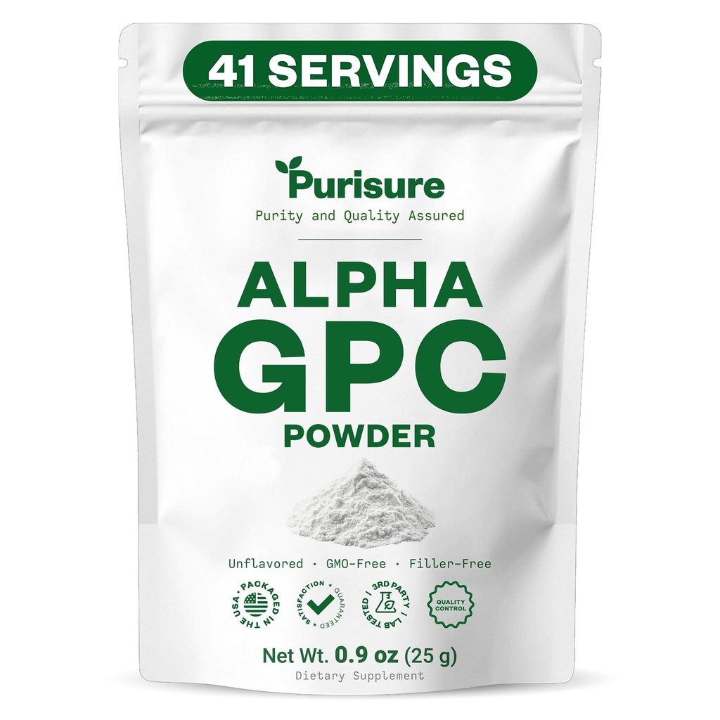 Purisure Alpha GPC Powder, 25 g, Pure Alpha GPC Choline Supplement for Brain and Focus, CDP Choline Supplements for Memory Performance & Koncentracija, No Fillers, Non-GMO, Ponudba 42 Servinges