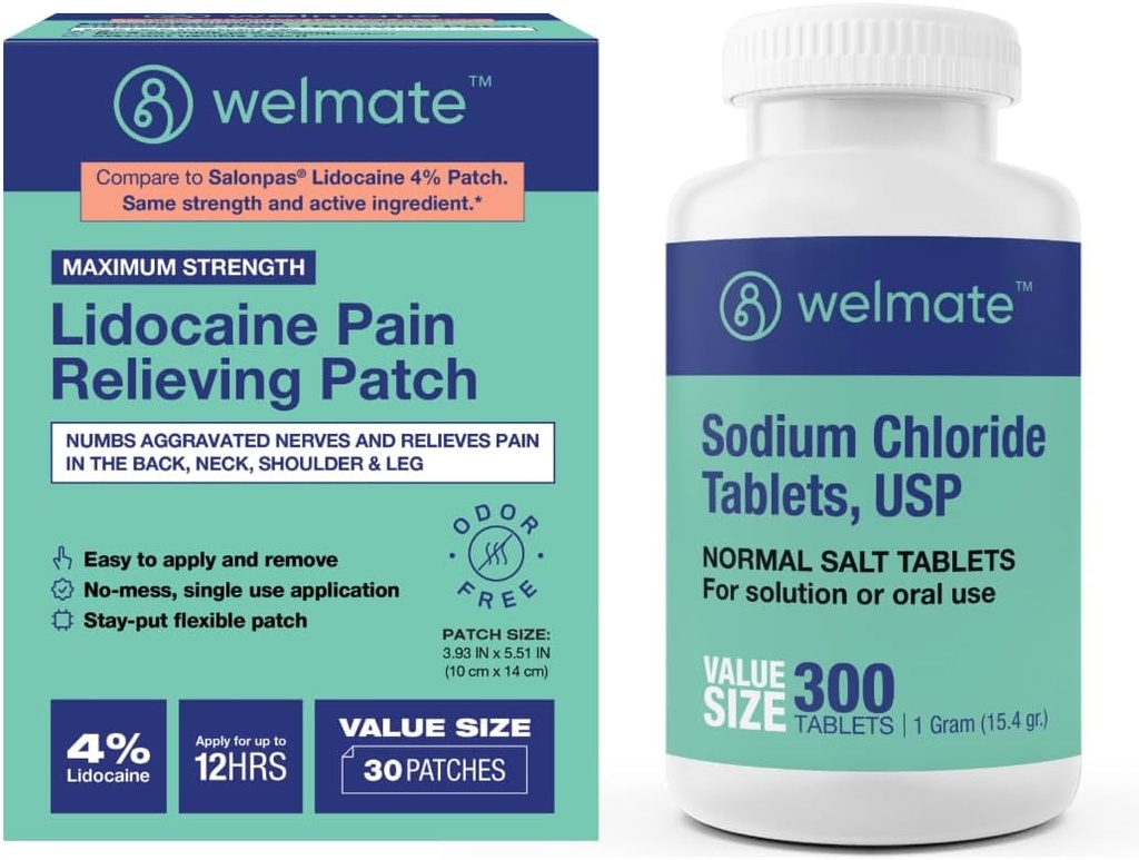 Obnovitev WELMATA: tablete natrijevega klorida, 300ct + 4% lidokain Numbing Patch 30ct