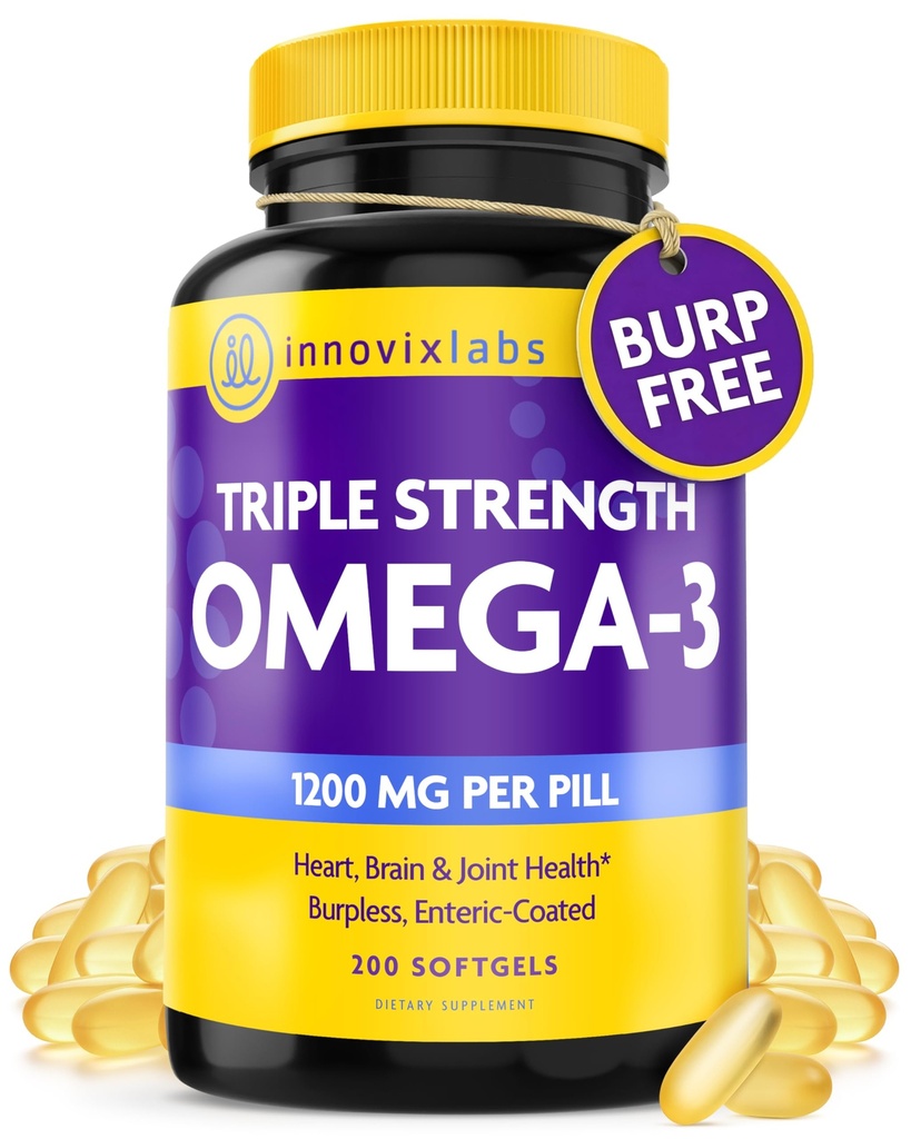InnovixLabs Trojna moč Omega 3 dodatek, Burpless Fish Oil za ženske in moške - 900 mg EPA & DHA, Brain & Joint Support, Award Winning & Third-Party Tested, 200 Softgels
