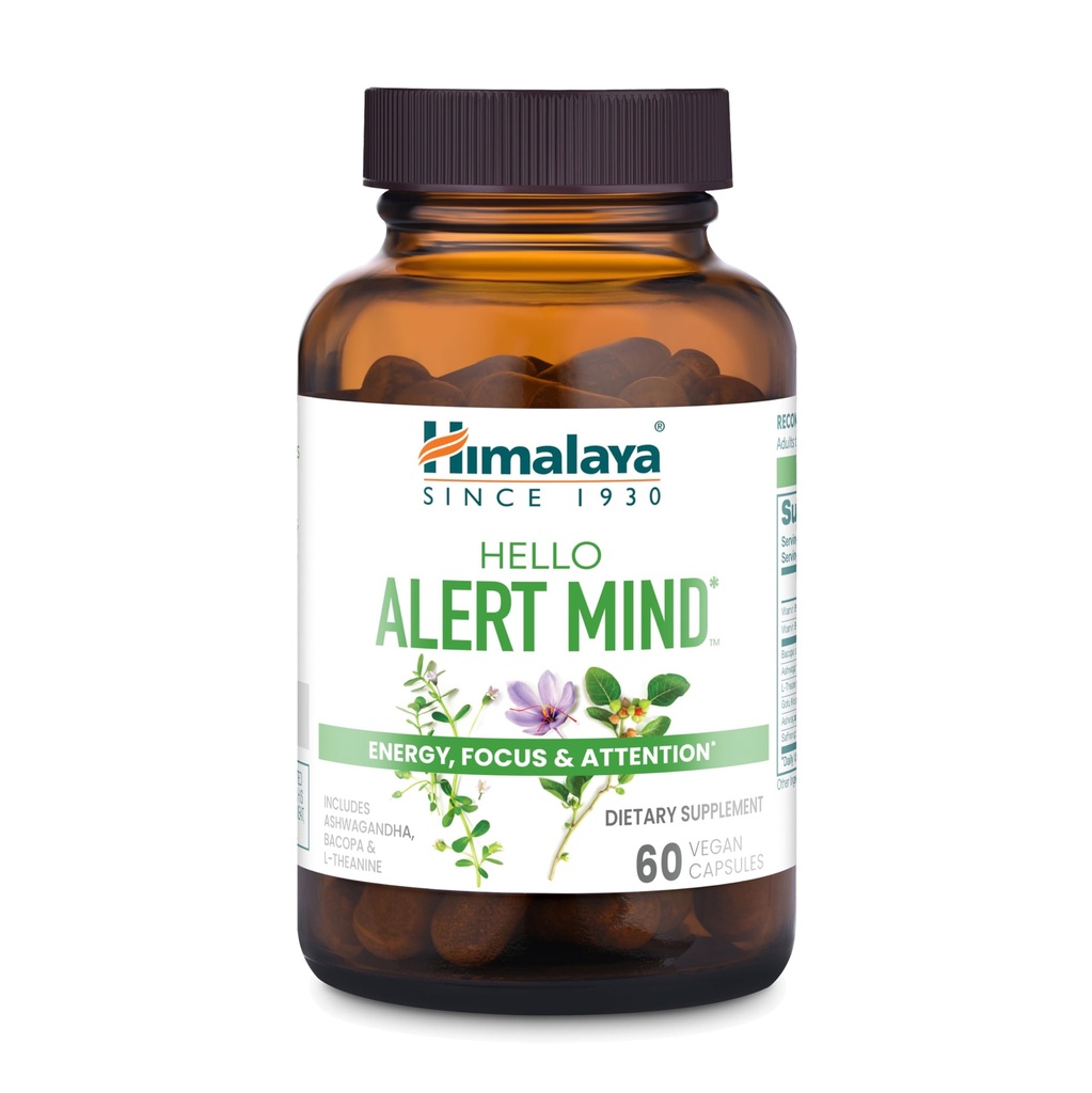 Himalaja Hello Alert Mind z L-Theanin, Ashwagandha, Bacopa, vitamin B6 & B12, za energijo, fokus in pozornost, Vegan, Gluten brezplačno, 60 kapsul