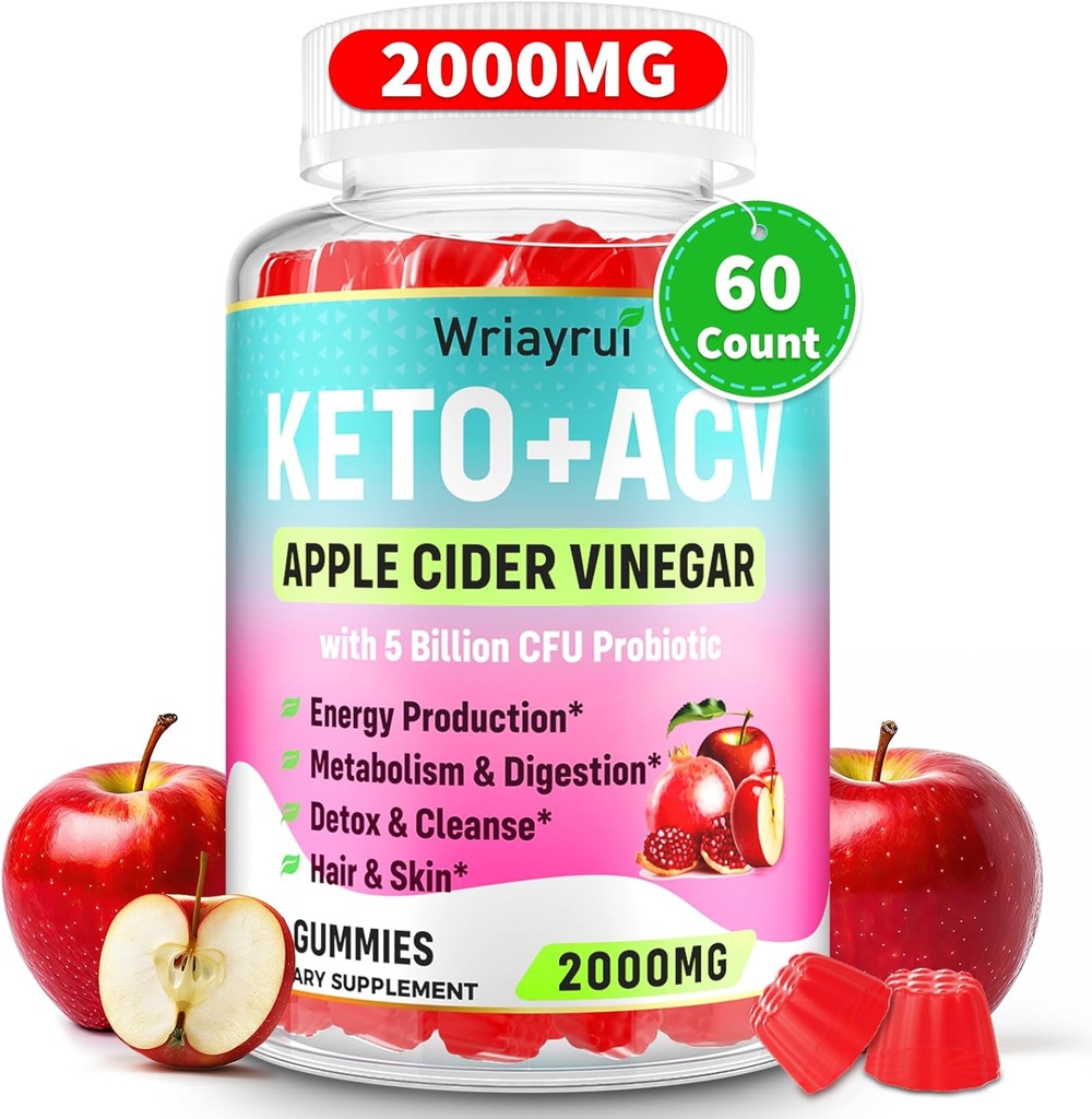 Jabolčni viničar Gumies, Hitri keto ACV Gumies, Max Moč 2000mg, Oblikovan z zelenim čajem, B6 & B12, Probiotiki, ACV za presnovo, Prebava, Detox & Cleanse, 60 števk