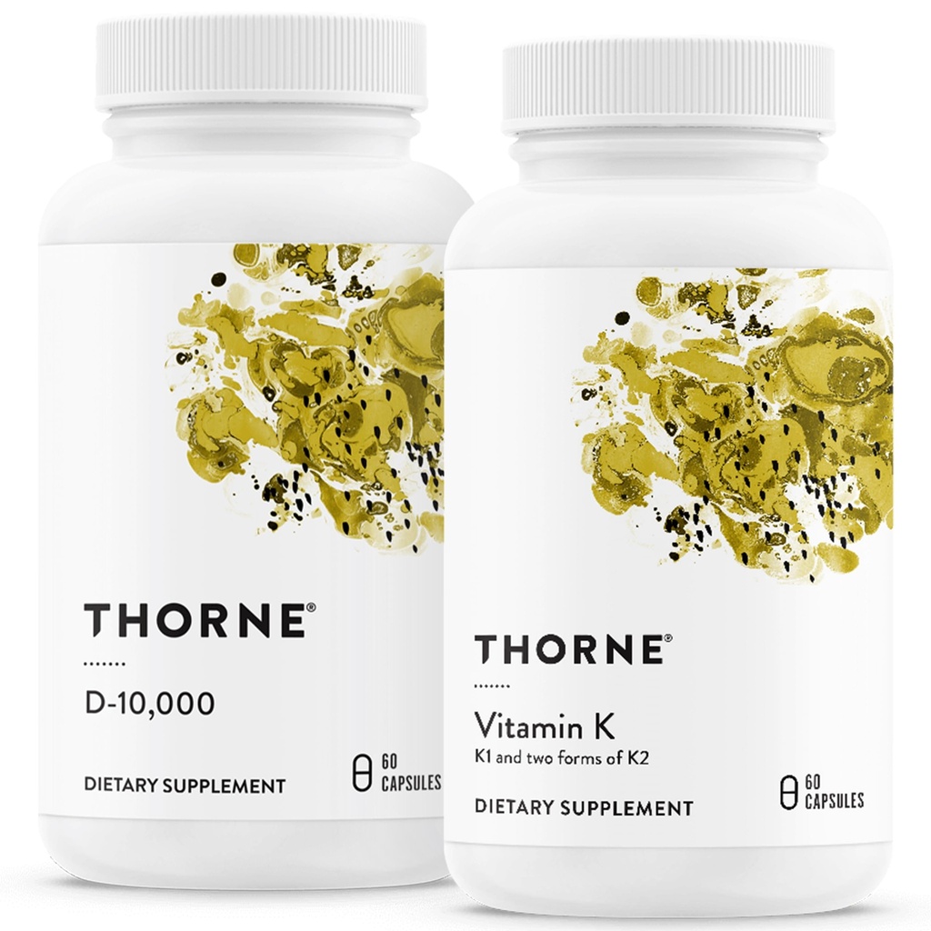 THORNE - Bone Health Bundele - Vitamin D3 & Vitamin K - Podpira zdrave kosti, zobne mišice, kardiovaskularne in imunske funkcije - 30 do 60 Servis