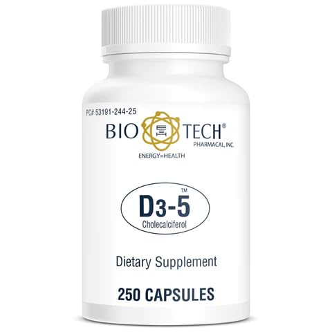 Bio-Tech Pharmacal D3-5 (5000 i.e.), 250 Kapsula – Vsenaravni dodatek – Podpira zdravje kosti in imunskega sistema – brez mleka, rib, glutena, arašidov, školjk in soje – brez umetnih barv