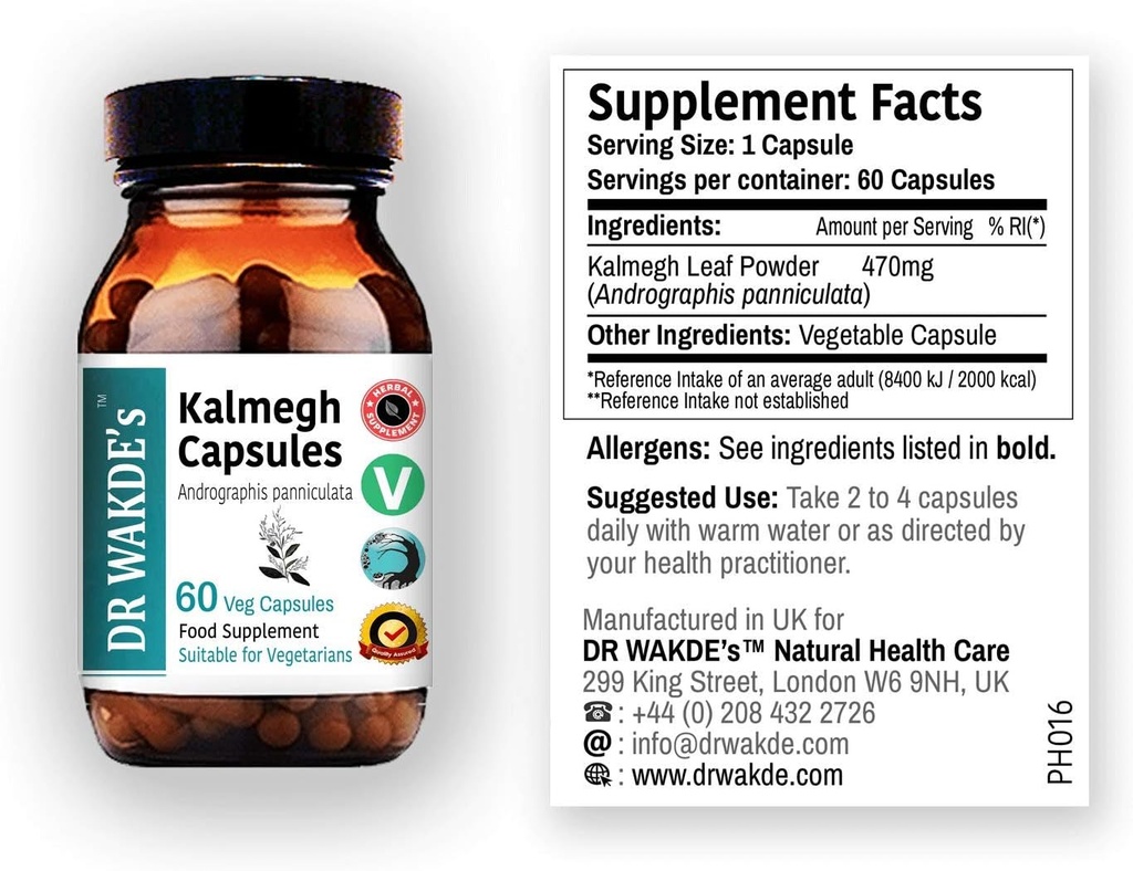Kapsule DR WAKDE's Kalmegh (Andrographis panniculata, 60 Veg Caps, rastlinsko-bazen dodatek, Ayurvedic Herb, All Natural, Vegan)