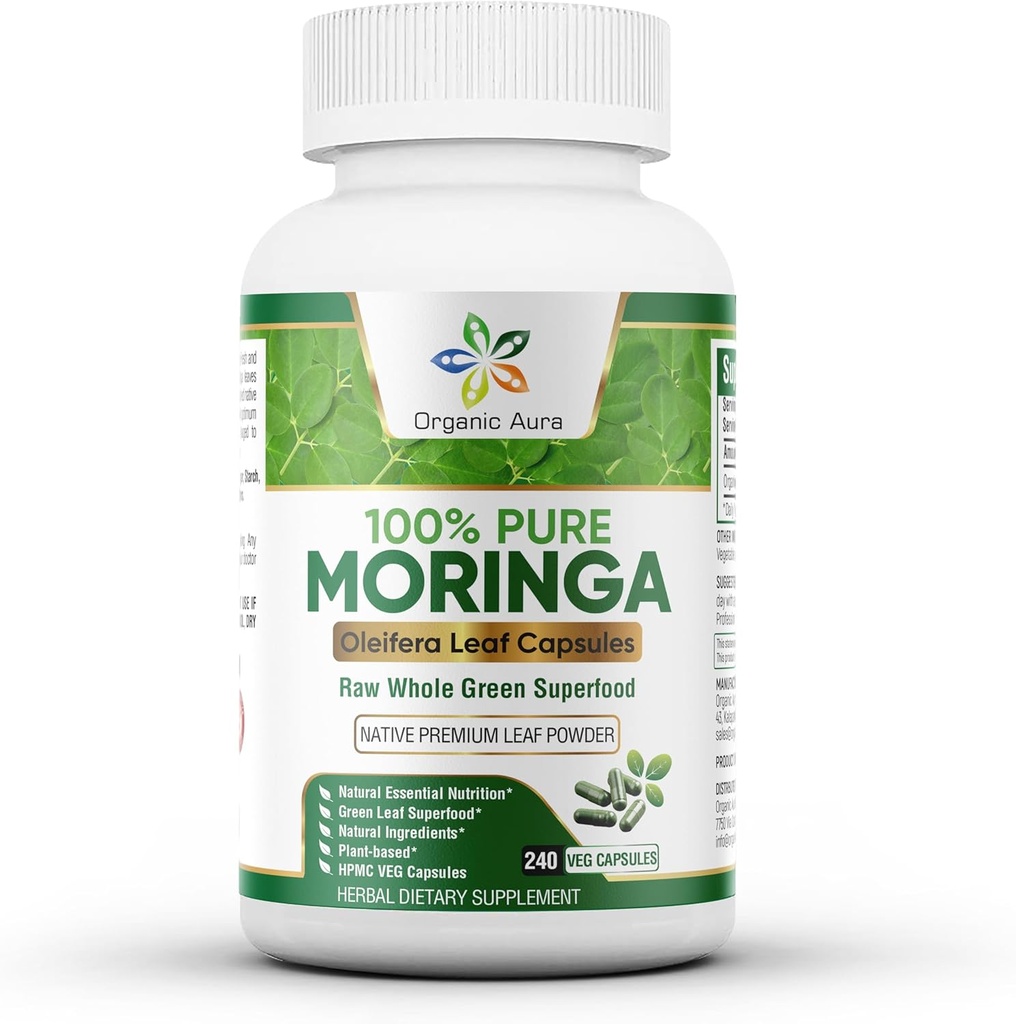 Organic Aura Moringa Kapsule - 240 Ct Veleprodaja Pack. Verodostojni Raw Moringa Leaf Supplement for Energy, Presnova, Dojenje, Immunity & Joint Health. Cele Leats Green Super Food Nutrition.