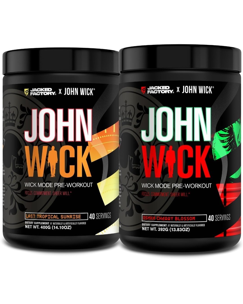Jacked Factory X John Wick - Wick Mode Pre Workout Powder - intenzivna energija, bojno pripravljen fokus, neustavljiva zaveza in čista volja - zadnja tropska Sunrise & Osaka Cherry Blossom (80 strežb)