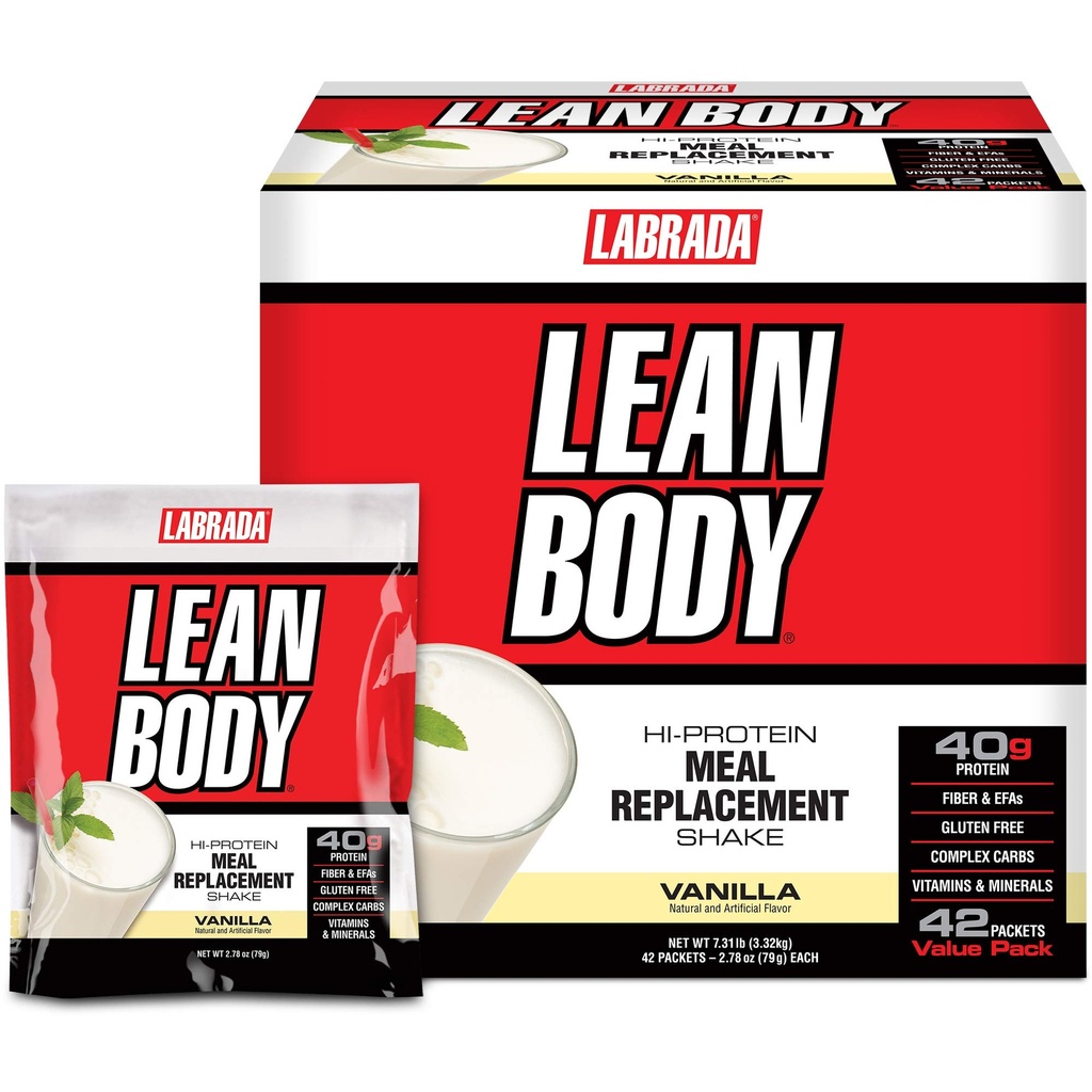 Labrada Lean Body MRP All-in-One Vanilla Meal Zamenjava Shake, 40g Beljakovine, Whey Mešanica, 8g Zdrave maščobe EFA & Fiber, 22 Vitamini in minerali, Brez umetne barve, Gluten brez, (42 Paketi)