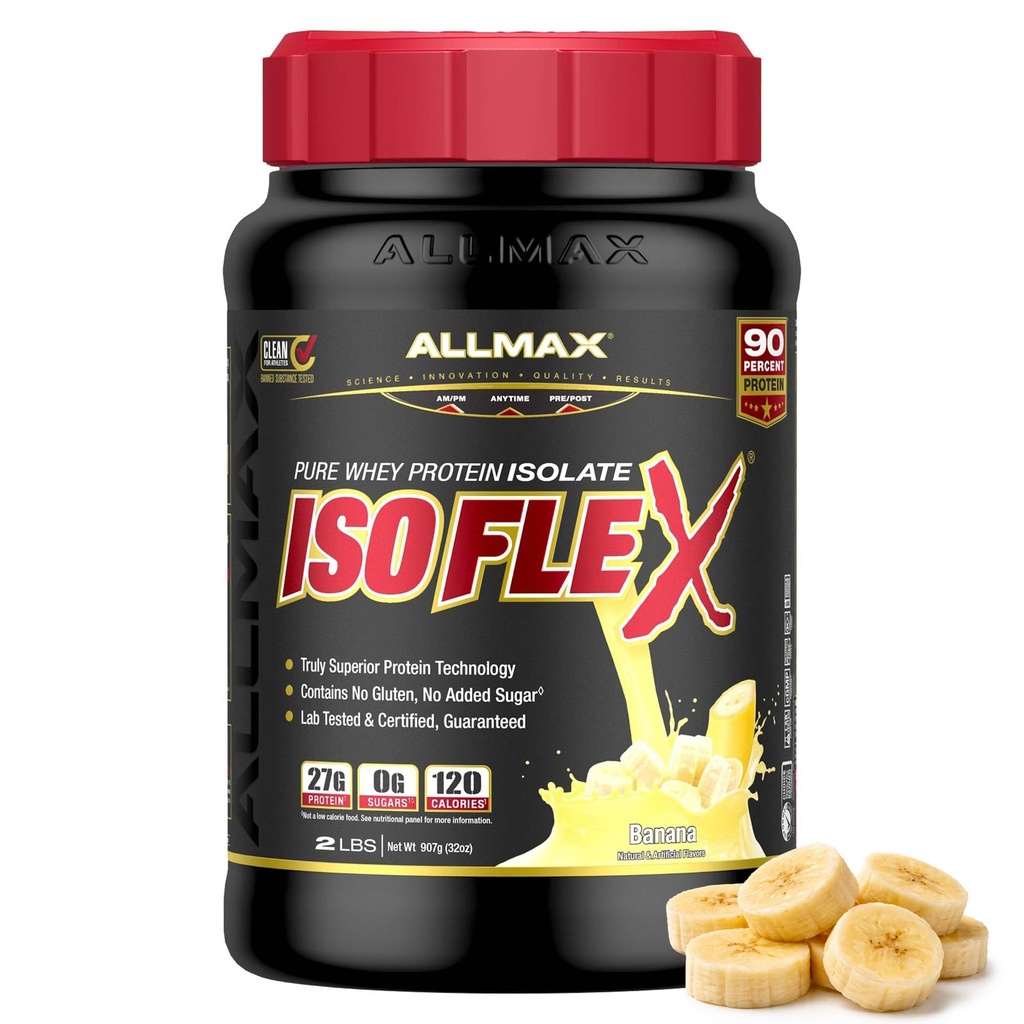 ALLMAX Nutrition ISOFLEX Whey Protein Isolate, Banana - 2 lb - 27 Gram proteinov na Scoop - Zero Fat & Sugar - 99% Laktoza brez glutena in soje - Približen 30 postrežbe