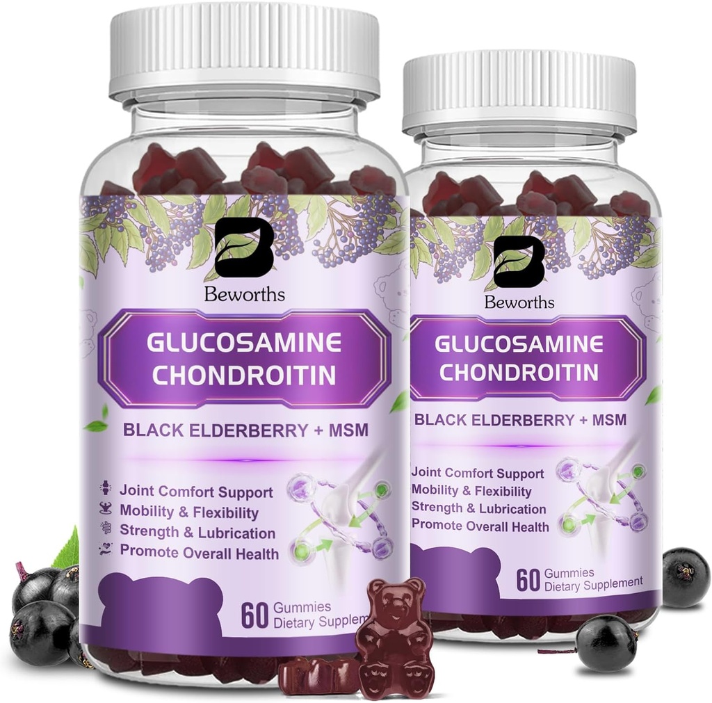 (2 paket) Glukozamin Chondroitin Gumies, Dodatna moč skupna podpora dodatek z MSM & Elderberry za mobilnost in prilagodljivost, Antioksidant podpora za moške in ženske, 120 Gumies