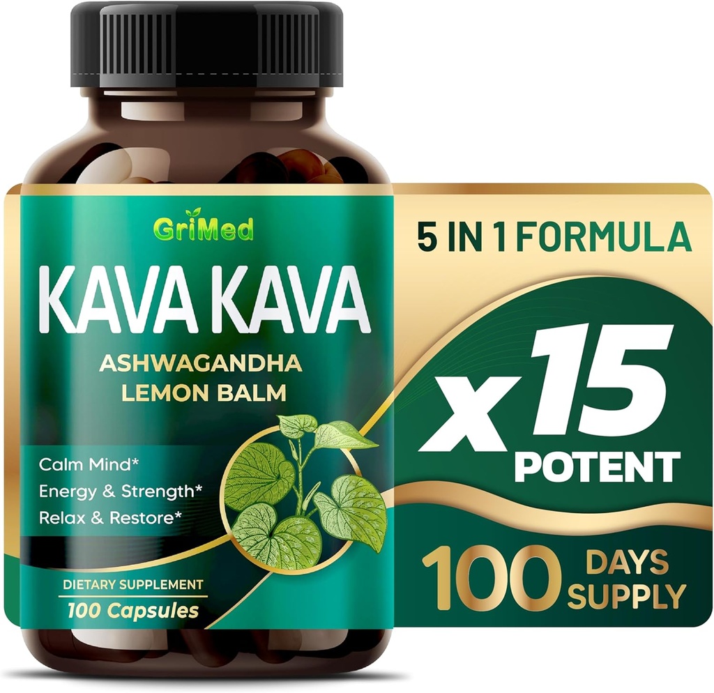 Grimed Kava Kava 19,700mg - X 15 Moč z Ashwagandha Lemon Balm - Moč, Sprostite se, Obnovite, pomirite - Made in USA (100 Count (Pack of 1))