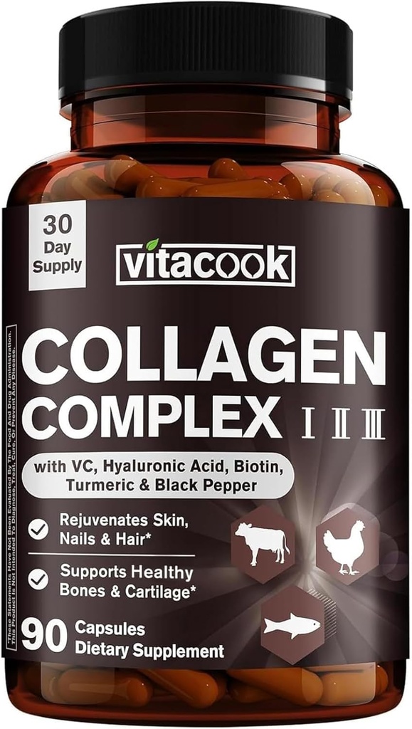Kolagenski peptidni kompleks, tip I, II, III, 2025 MG, hidrolizirani multi kolagen, VC, Biotin, HA, Kurkuma in črni poper, za kožo, lase, nohte, 90 kapic