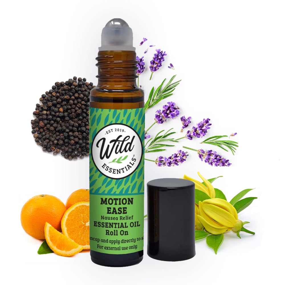 Wild Essentials Gibanje Essential Oil Roll On, 10ml Gibanje Bolezen, Slabost, Vznemirjen želodec, Vrtoglavica, Dizzy, Seasick, Carsick, Made with Organic Jojoba Oil, Ready to use, Moisturizer, All Natural