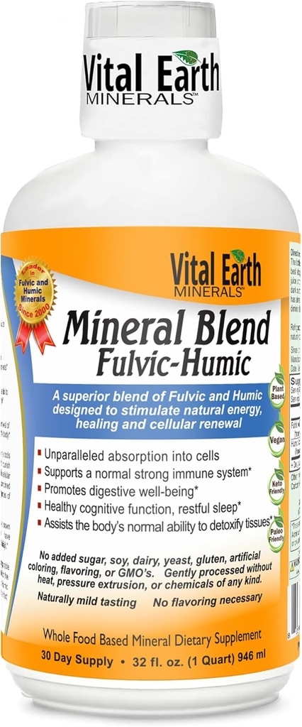 Vital Earth Minerali Fulvic Humic Mineralna mešanica Tekoča – Fulvic Acid dodatek z 70+ Trace Minerali, Elektroliti za regeneracijo, Ravnotežje in energija, 32 Oz + 1 Oz pokal