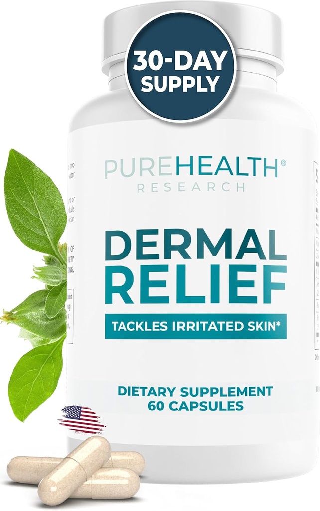 PUREHEALTH RAZISKAVE Dermalne olajšave - za razdraženo kožo, ekcem in dermatitis z L-histidinom, izvleček korenine Ashwagandha, Rhodiola Crenulata, vitamin D in E - 1 steklenička - 60 kapsul
