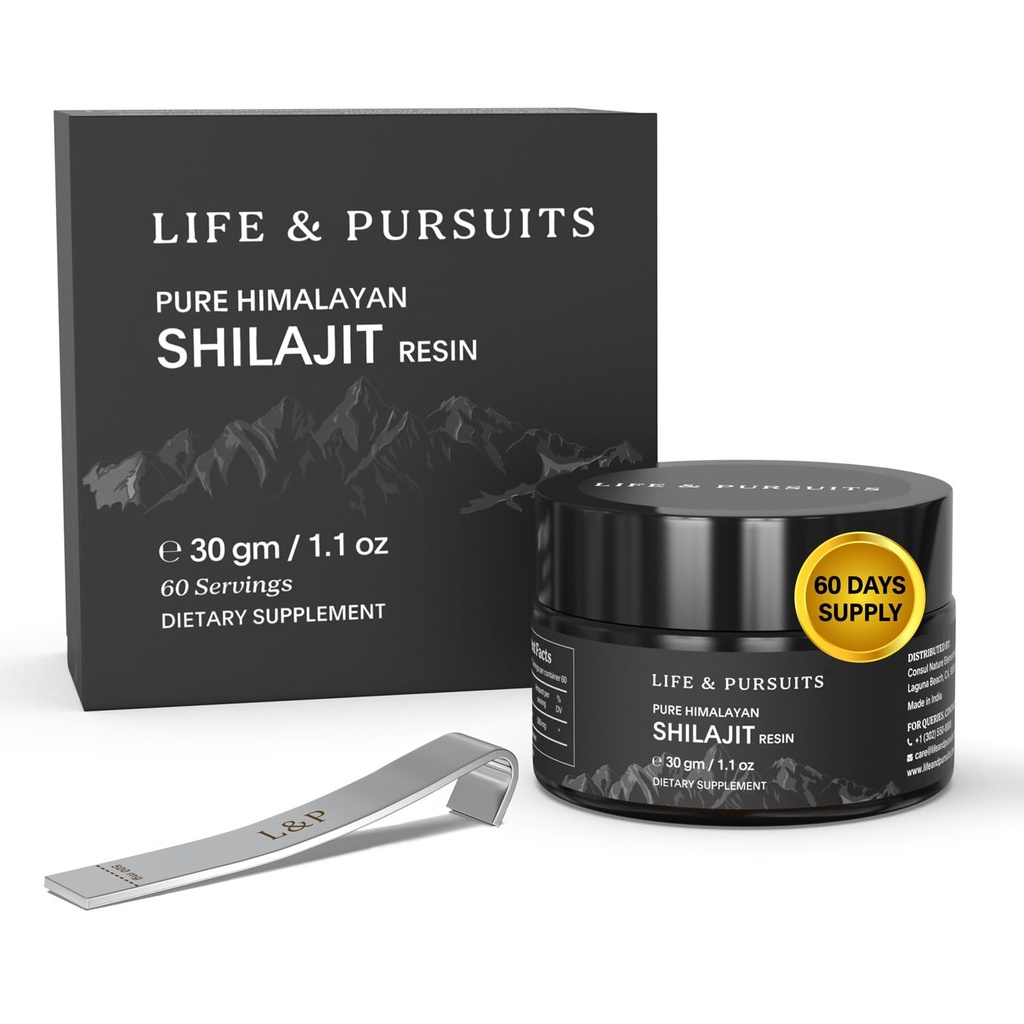 Life & Pursits 100% čista Indija Himalajski Shilajit Resin, 1.1 oz 500mg, najmanj 75% Fulvic kislina, 85+ Trace Minerals, prehranski dodatek za moške 3. stranka Lab Test Report, 60 Servings (Pack of 1)