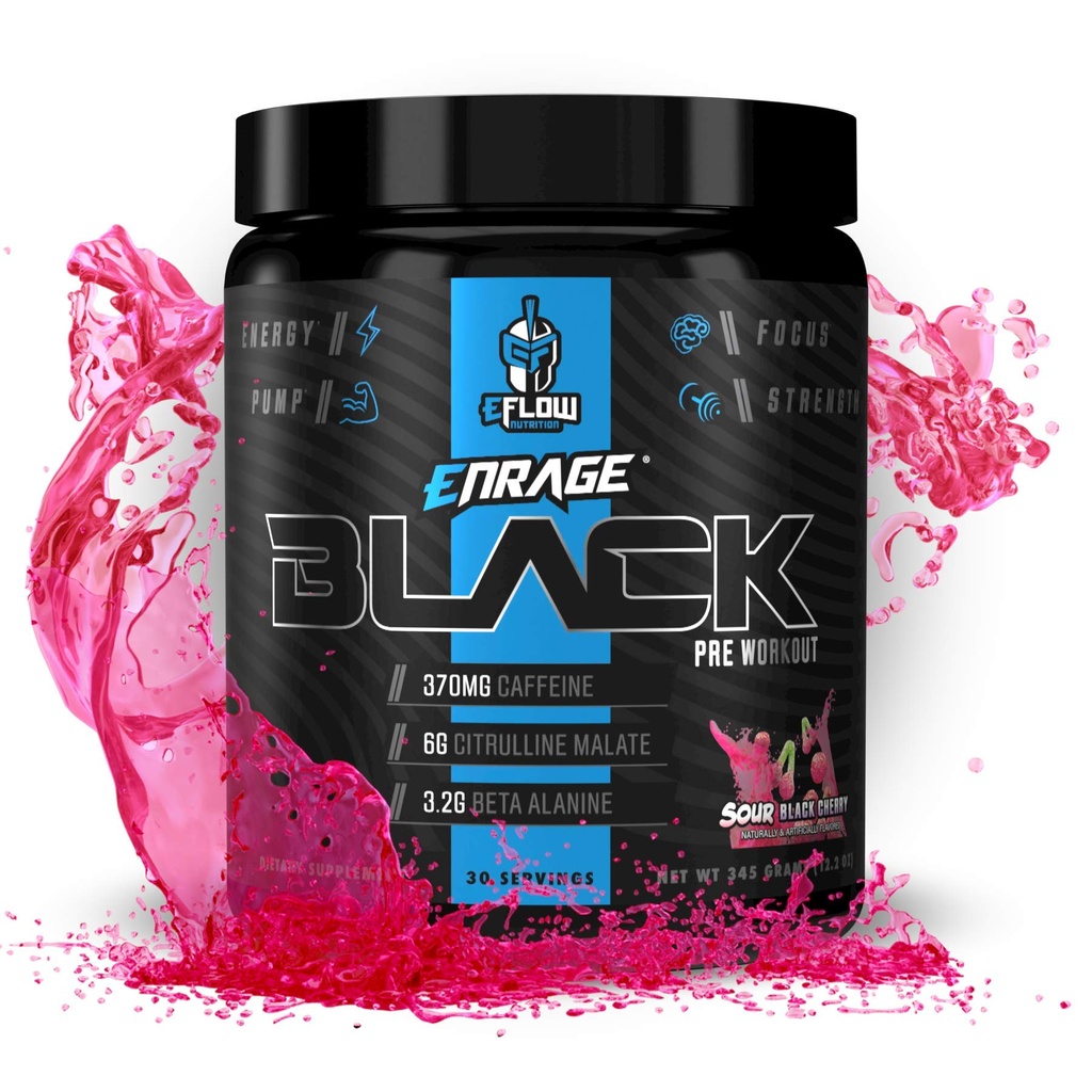 eFlow Nutrition Enrage Black High Stimulant Pre Workout dodatek - Preworkout prašek za povečanje energije, črpalke in moč - 4 arome (30 strežnice) (Naša črna češnja)