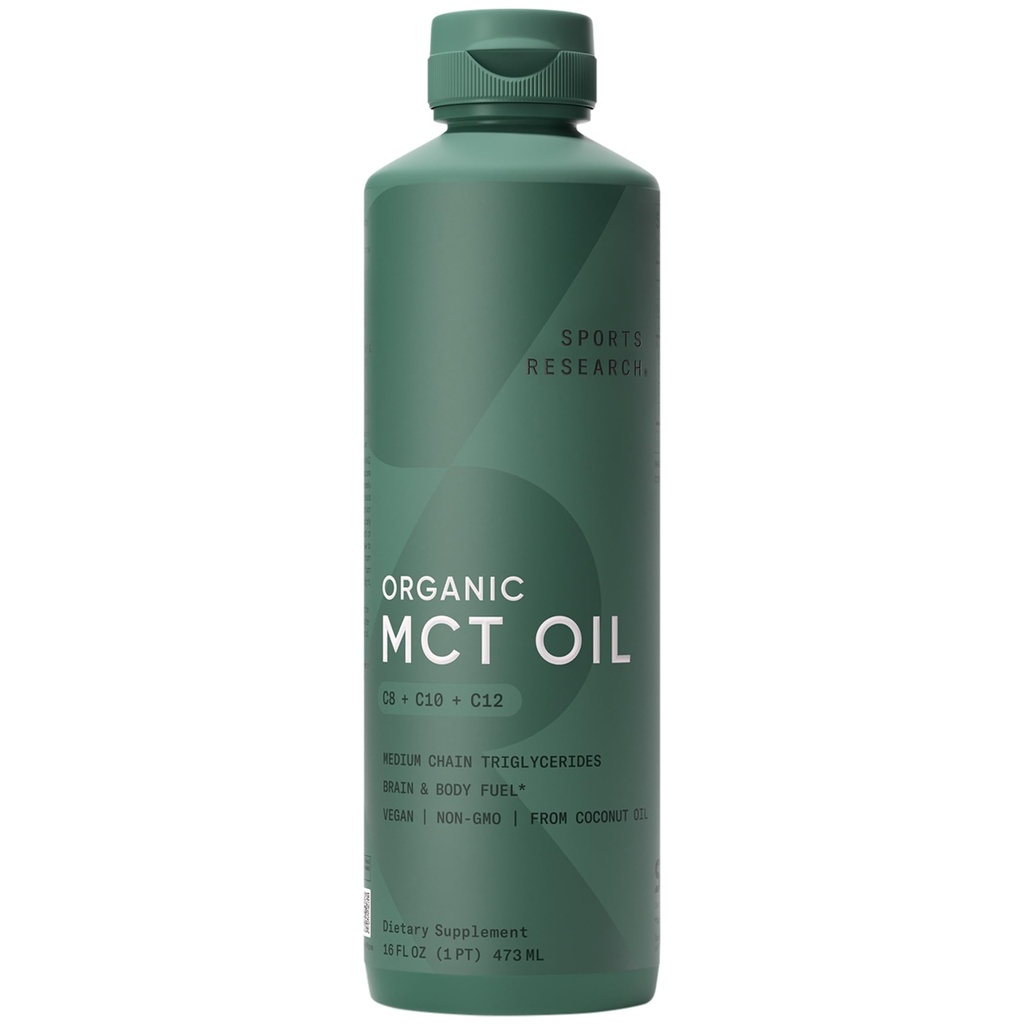 Sports Research Organic MCT Olje - Keto & Vegan MCTs C8, C10, C12 iz kokosovih orehov - Maščobne kisline Možgani in telesno gorivo, brez arom, brez GMO & glutena - Popolno v kavi, čaju in proteinih
