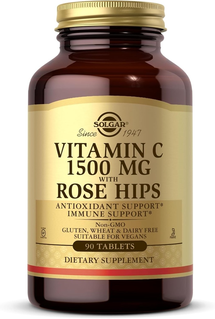 Solgar Vitamin C 1500 mg z Rose HIPS, 90 tablete - Antioksidant in imunosupresivna podpora - Splošno zdravje - Podpira zdrave kože in sklepov - Non-GMO, Vegan, Gluten Free, Dairy Free, Kosher - 90 postrežbe