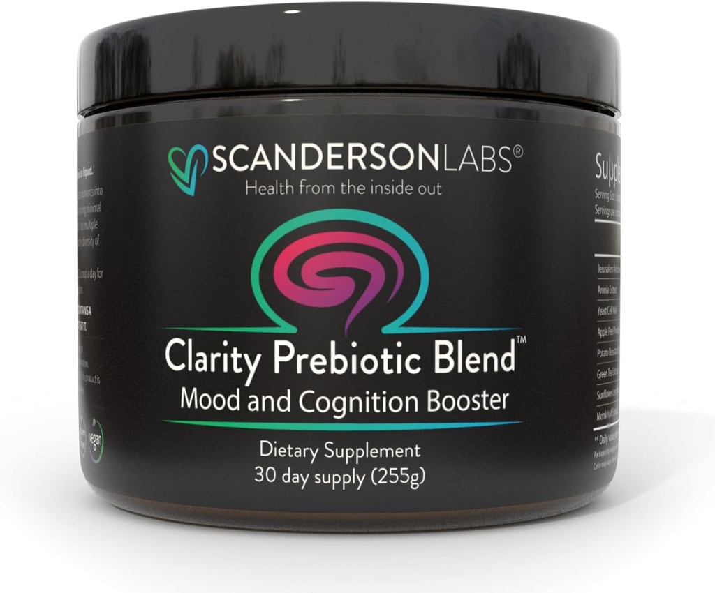 Clarity Prebiotična mešanica – Optimizacija Gut in Mood preko osi Gut-Brain – en mesec dobave – enostaven za uporabo, en Scoop meša s tekočino ali hrano – Vegan, Soy-free, Gluten-free, Non-GMO