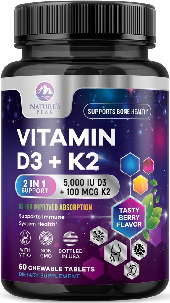 Vitamin D3 K2 - 5000 iu Vitamin D3 & 100 μg Vitamin K2 (MK-7) Kompleks za imuno podporo - Kost, Zobje in mišice Podpora - Berry Žvečljiva, Gluten Free, Non-GMO, Ustekleničen v ZDA - 60 tablet