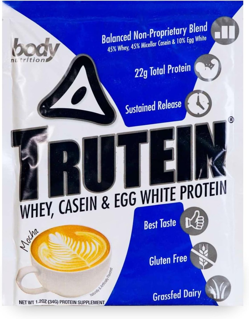 Body Nutrition Trutein Visoke beljakovine v prahu: 45% Whey, 45% Kazein, 10% Jajca bela, Gluten-free, nizko natrij, Grass Fed Whey Protein Powder, Gym Supplement & Breakfast Shake, Mocha, 34g Vzorec