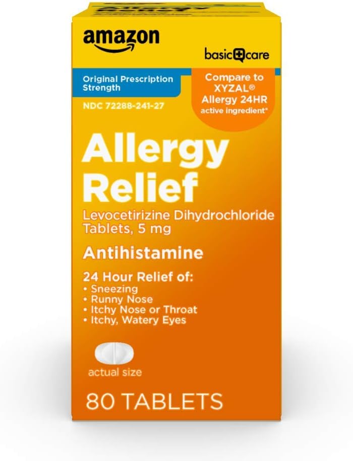 Osnovna oskrba 24 ur Alergija Relief, levocetirizin dihidroklorid tablete, 5 mg Antihistaminik za Sneesing, Runny Nose, Srbeč nos ali grlo in srbenje, vodene oči, 80 Count Pack