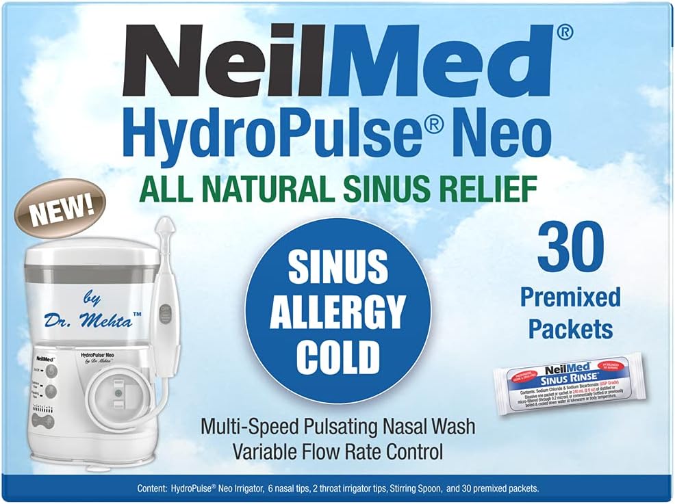 NeilMed HydroPulse Neo. Multi-Speed Electric Pulsating Nasal Sinus namakanje sistem s 30 Sinus Rinse Predmešani paketi.