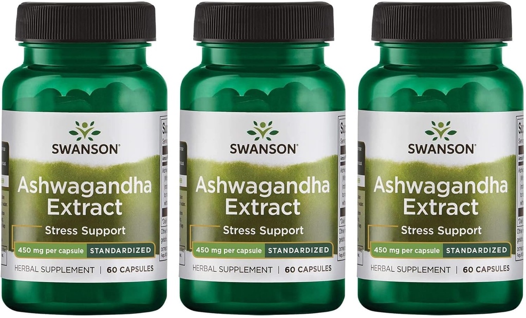 Swanson Ashwagandha Extract-Naravni dodatek za spodbujanje zdravega odziva na stres, energetsko podporo in živčevje zdravje-aiurvedski dodatek za naravno dobro počutje-(60 kapsul, 450mg vsak) (3 paket)