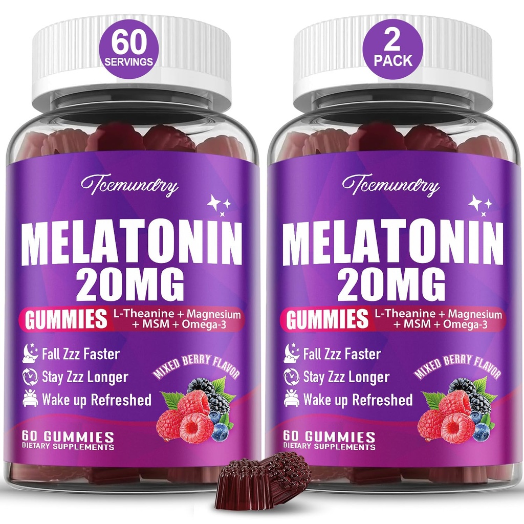 Melatonin Gumies 20mg za odrasle - maksimalna moč melatonin Gumies z L-teanin, Magnezij, Omega-3, MSM, D3 & cink - ne-habitno oblikovanje, Vegan, ne gensko spremenjeni, naravna mešana jagodičja aroma