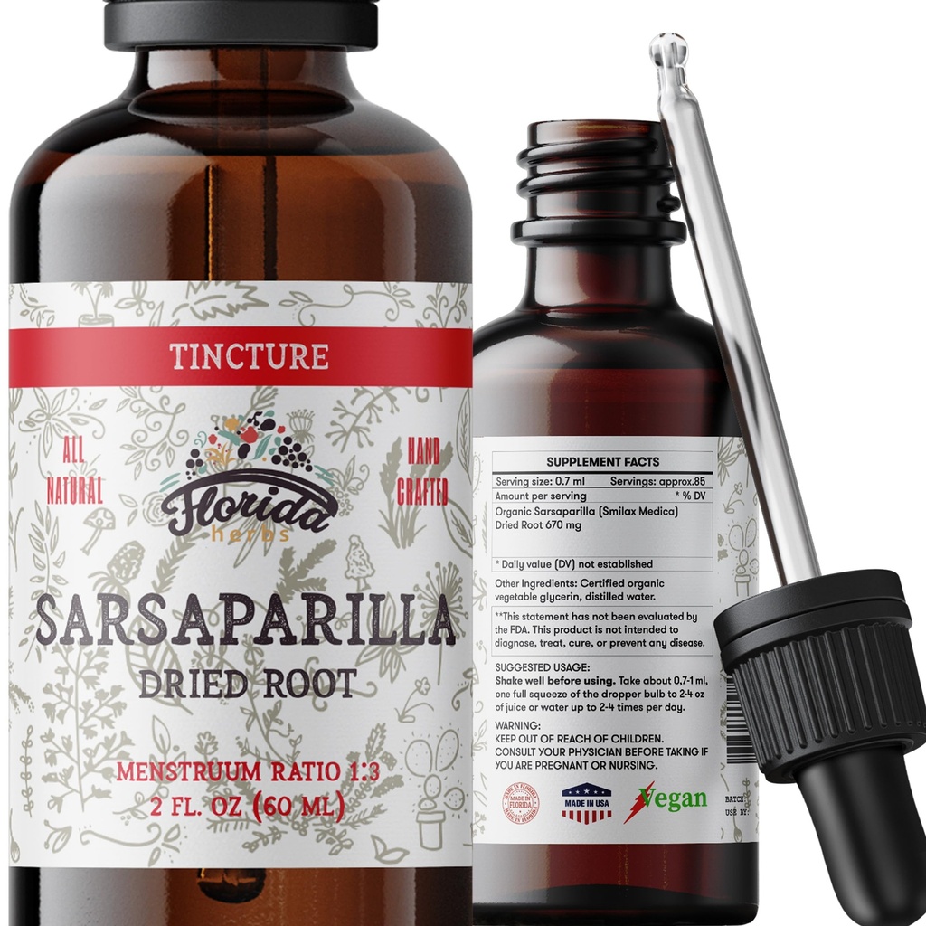 Sarsaparilla tinktura, organski izvleček Sarsaparilla (Smilax Medica), posušen koren, ne-GMO v hladno pripravljeni organski zelenjavni glicerin 2 oz, 670 mg